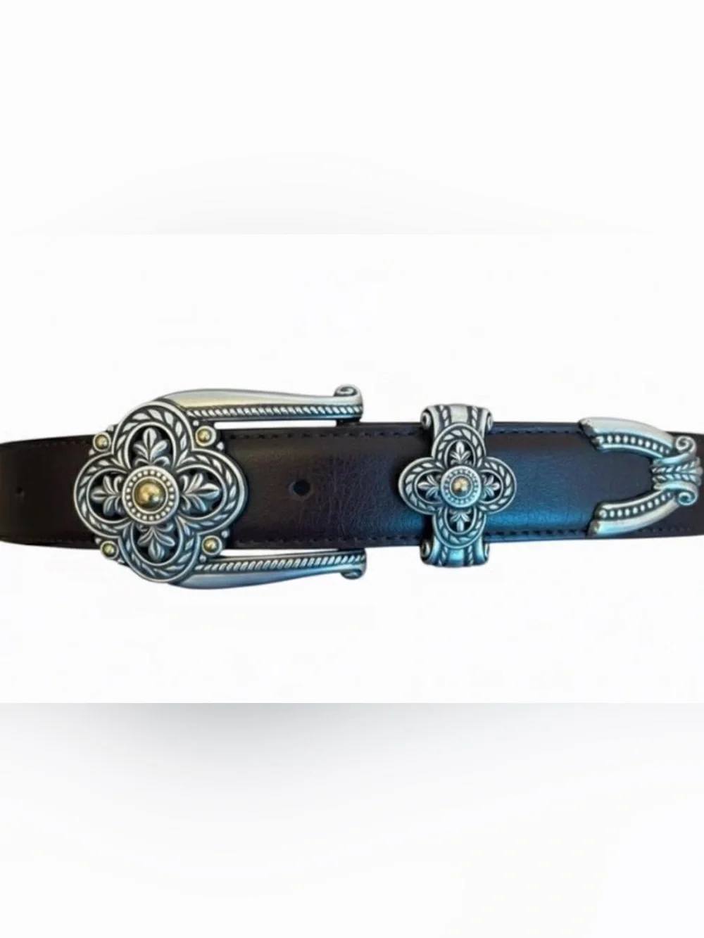 Brighton Brown Leather Belt with Decorative Silver and gold Tone Western Buckle